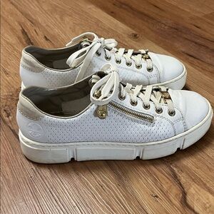 Reiker leather sneakers w goldtone hardware, size 39 (US 8)